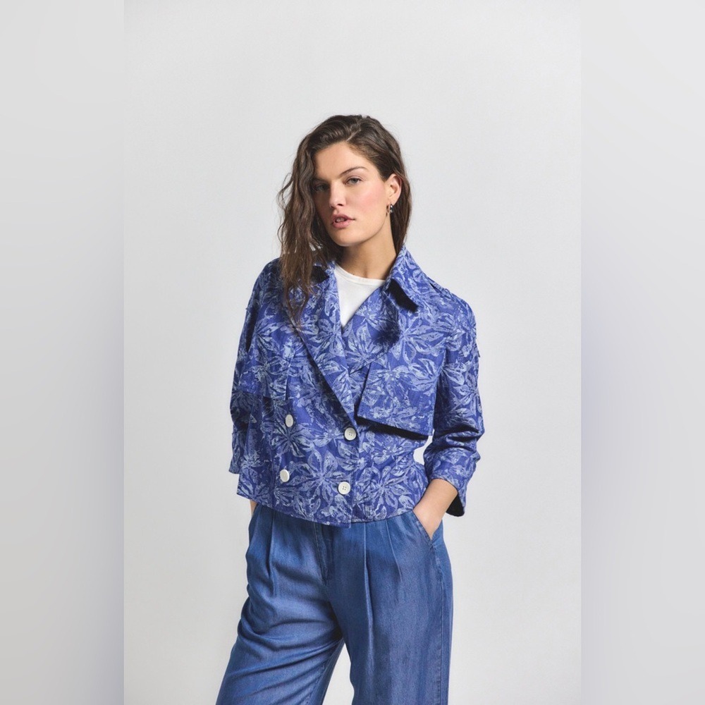 Derek Lam 10 Crosby Elijah‎ Cropped Trench Jacket Blue Floral Denim NWOT